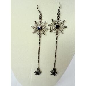 Vintage Womens Silver Spider Web Dangling Chains Gothic Halloween Earrings